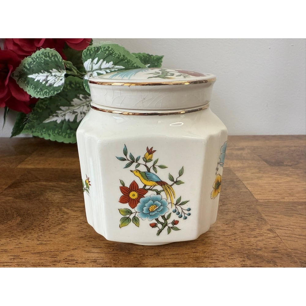 Vintage Sadler England Ceramic Jar with Lid –‎ Bird and Floral Design, Gold Trim